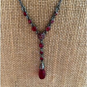 Givenchy Red Gemstone Gunmetal Y-Drop Necklace